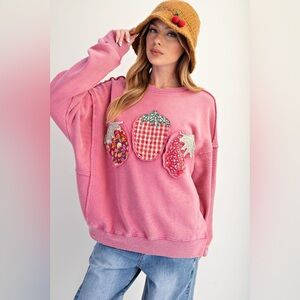 Pink Strawberry Patchwork Embellished Sweatshirt